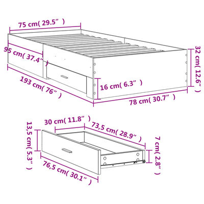 vidaXL Sengeramme med skuffer svart 75x190 cm konstruert tre