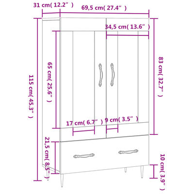 vidaXL Highboard røkt eik 69,5x31x115 cm konstruert tre