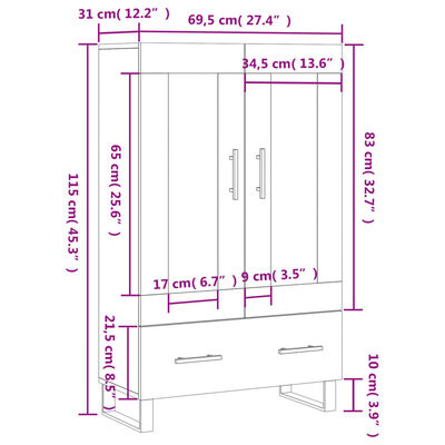 vidaXL Highboard betonggrå 69,5x31x115 cm konstruert tre