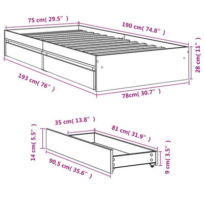 vidaXL Sengeramme med skuffer svart 75x190 cm konstruert tre