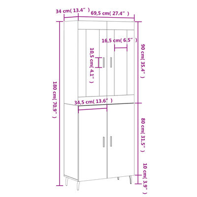 vidaXL Highboard svart 69,5x34x180 cm konstruert tre