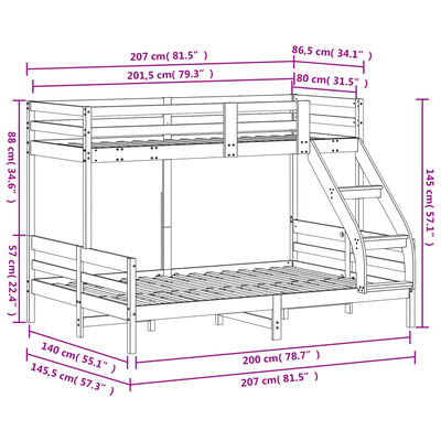 vidaXL Køyeseng 80x200/140x200 cm heltre furu