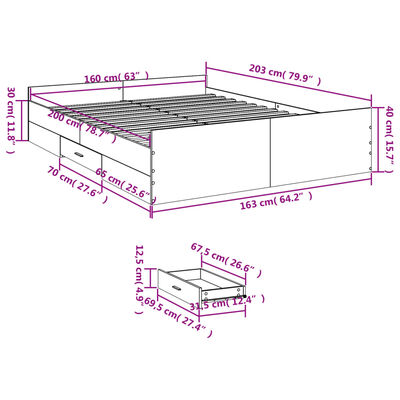 vidaXL Sengeramme med skuffer hvit 160x200 cm konstruert tre