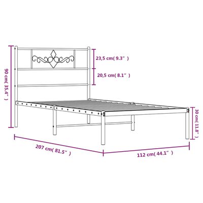 vidaXL Sengeramme i metall med hodegavl hvit 107x203 cm