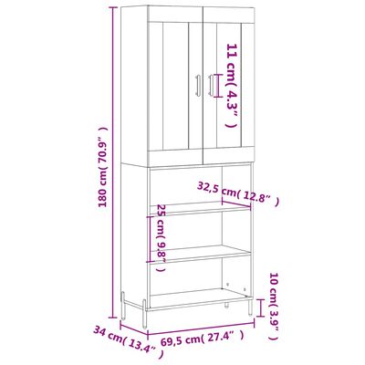 vidaXL Highboard røkt eik 69,5x34x180 cm konstruert tre