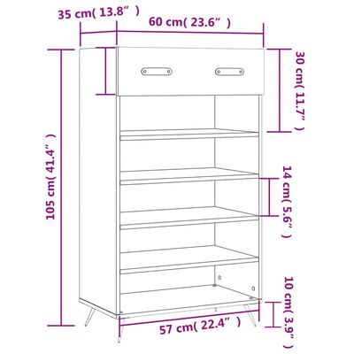 vidaXL Skohylle brun eik 60x35x105 cm konstruert tre