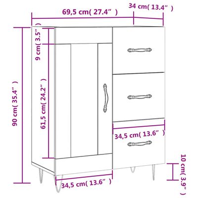 vidaXL Skjenk høyglans hvit 69,5x34x90 cm konstruert tre