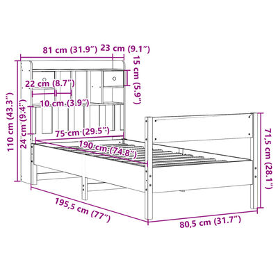 vidaXL Seng med bokhylle uten madrass voksbrun 75x190 cm heltre furu