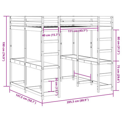 vidaXL Køyeseng med skrivebord og stige 140x200 cm heltre furu