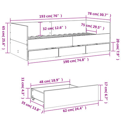 vidaXL Dagseng med skuffer uten Madrass Hvit 75x190 cm