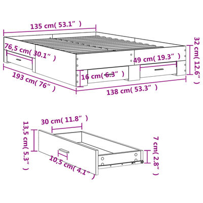 vidaXL Sengeramme med skuffer svart 135x190 cm konstruert tre