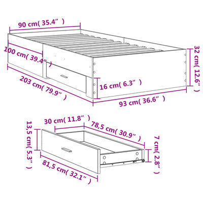 vidaXL Sengeramme med skuffer sonoma eik 90x200 cm konstruert tre