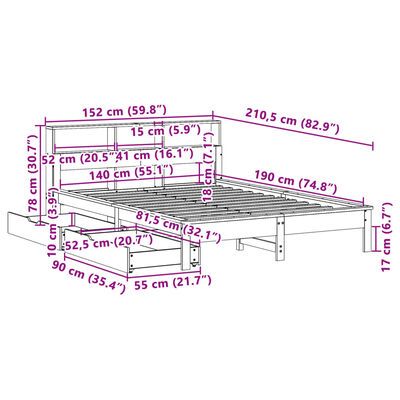 vidaXL Seng med bokhylle uten madrass 140x190 cm heltre furu