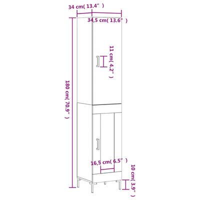 vidaXL Highboard hvit 34,5x34x180 cm konstruert tre