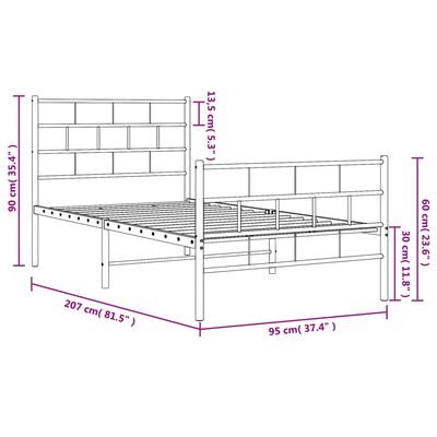 vidaXL Sengeramme i metall med hode- og fotgavl hvit 90x200 cm