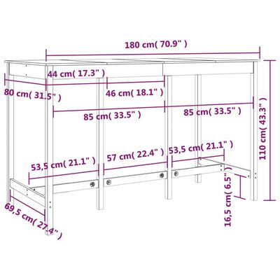 vidaXL Barbord honningbrun 180x80x110 cm heltre furu