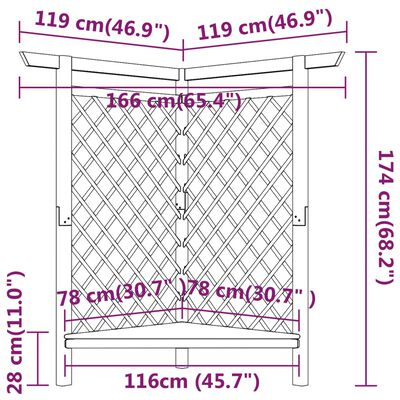 vidaXL Hjørnepergola med benk 166x81x174 cm impregnert furu