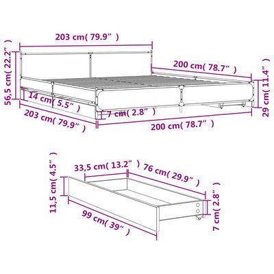 vidaXL Sengeramme med skuffer svart 200x200 cm konstruert tre