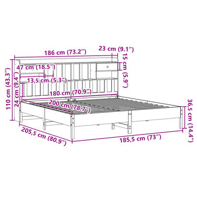 vidaXL Seng med bokhylle uten madrass hvit 180x200 cm heltre furu