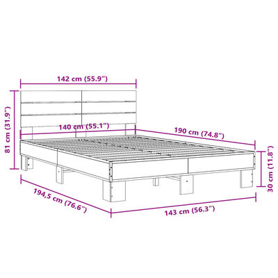 vidaXL Sengeramme grå sonoma 140x190 cm konstruert tre og metall