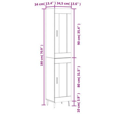 vidaXL Highboard grå sonoma 34,5x34x180 cm konstruert tre