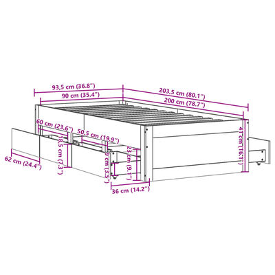 vidaXL Sengeramme uten madrass med skuffer hvit 90x200 cm heltre furu