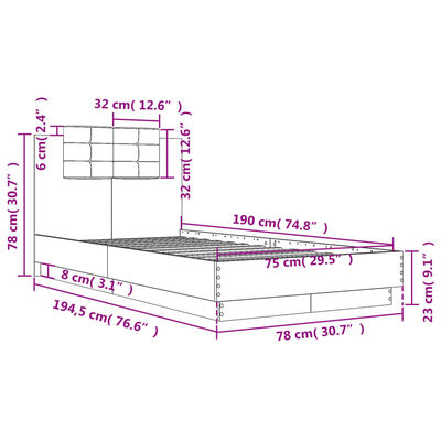 vidaXL Sengeramme med hodegavl sonoma eik 75x190 cm konstruert tre