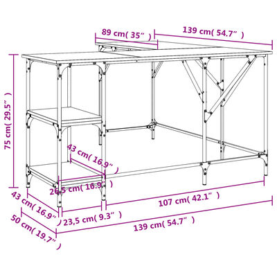 vidaXL Skrivebord røkt eik 139x139x75 cm konstruert tre