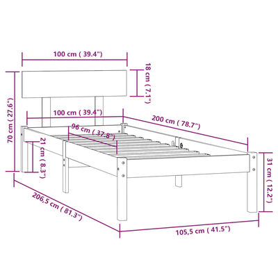 vidaXL Sengeramme svart heltre furu 100x200 cm