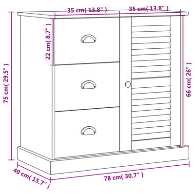 vidaXL Skjenk med skuffer VIGO 78x40x75 cm heltre furu