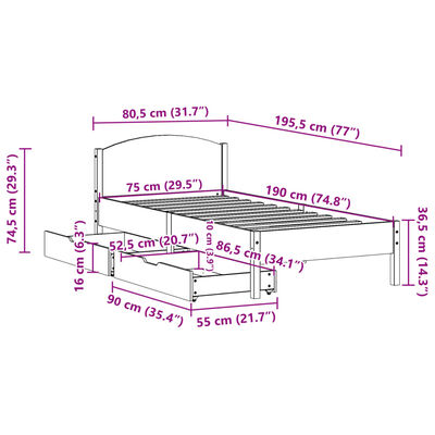 vidaXL Sengeramme uten madrass 75x190 cm heltre furu