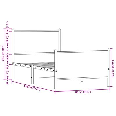 vidaXL Sengeramme i metall uten madrass røkt eik 75x190 cm