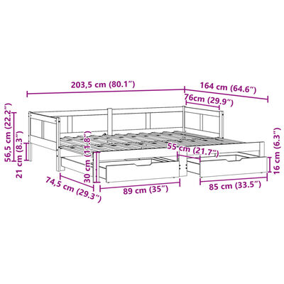 vidaXL Uttrekkbar dagseng med skuffer uten madrass 80x200 cm