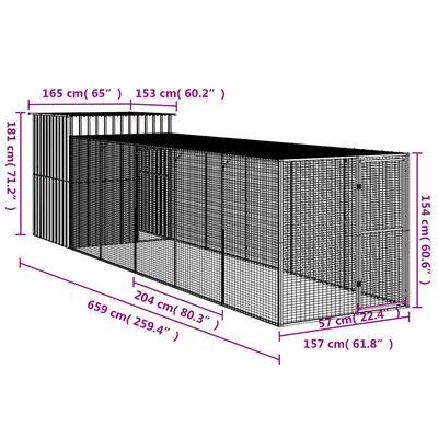 vidaXL Hønsebur med gård antrasitt 165x659x181 cm galvanisert stål