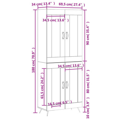 vidaXL Highboard høyglans hvit 69,5x34x180 cm konstruert tre