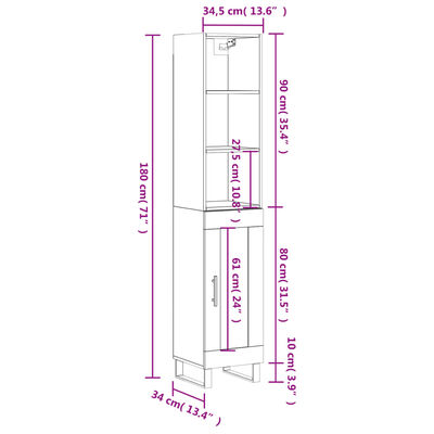 vidaXL Highboard betonggrå 34,5x34x180 cm konstruert tre