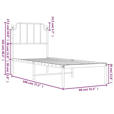 vidaXL Sengeramme i metall uten madrass med hodegavl hvit 75x190 cm