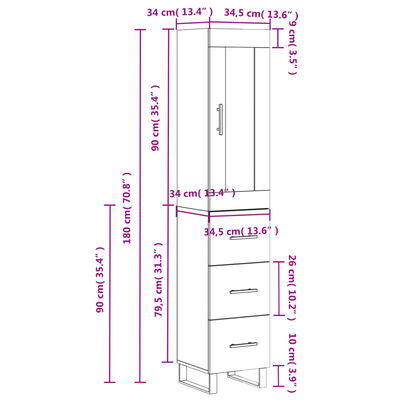 vidaXL Highboard grå sonoma 34,5x34x180 cm konstruert tre