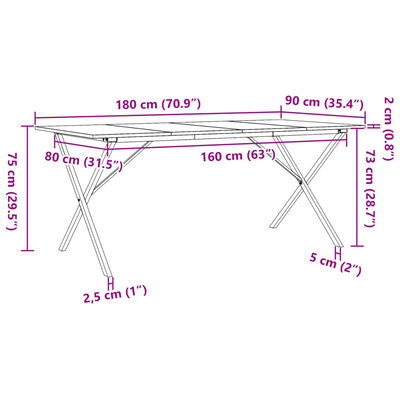 vidaXL Spisebord X-ramme 180x90x75 cm heltre furu og støpejern