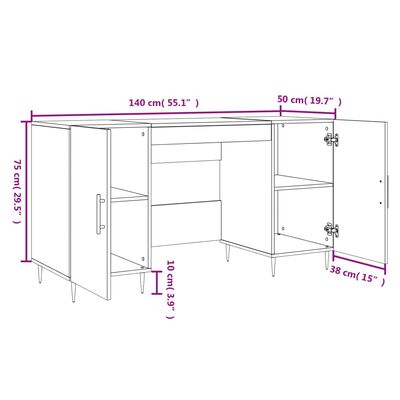 vidaXL Skrivebord hvit 140x50x75 cm konstruert tre