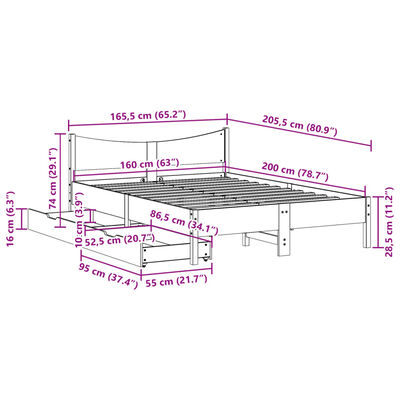 vidaXL Sengeramme med skuffer hvit 160x200 cm heltre furu