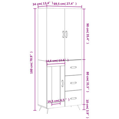 vidaXL Highboard betonggrå 69,5x34x180 cm konstruert tre