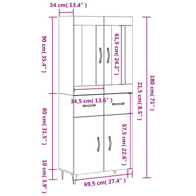 vidaXL Highboard hvit 69,5x34x180 cm konstruert tre