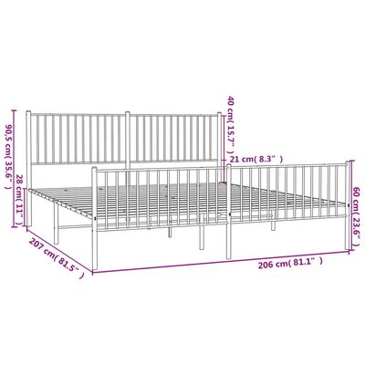 vidaXL Sengeramme i metall med hode- og fotgavl hvit 200x200 cm