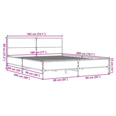 vidaXL Sengeramme røkt eik 180x200 cm konstruert tre og metall