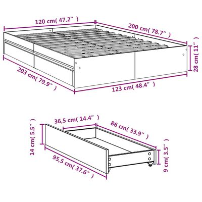 vidaXL Sengeramme med skuffer grå sonoma 120x200 cm konstruert tre