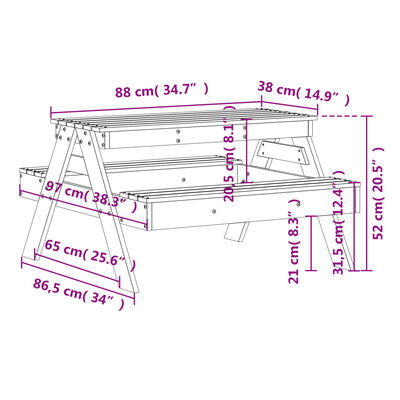 vidaXL Piknikbord for barn voksbrun 88x97x52 cm heltre furu