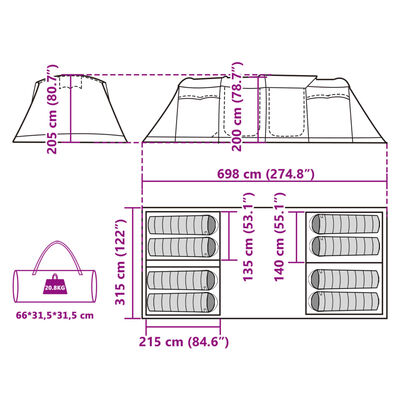 vidaXL Tunneltelt for camping 8 personer grå og oransje vanntett