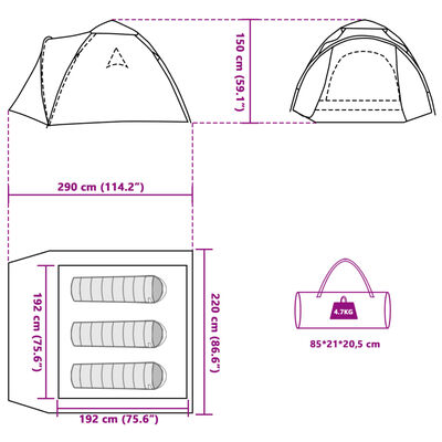 vidaXL Campingtelt 3 personer blå hurtigutløser