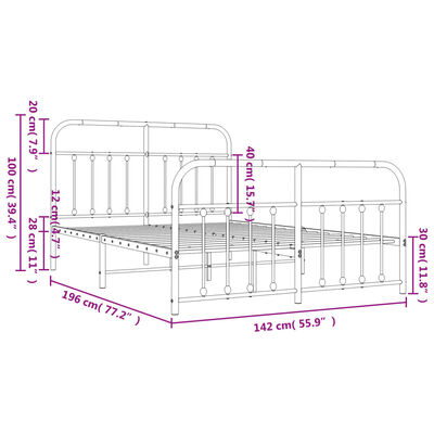 vidaXL Sengeramme i metall med hode- og fotgavl hvit 135x190 cm